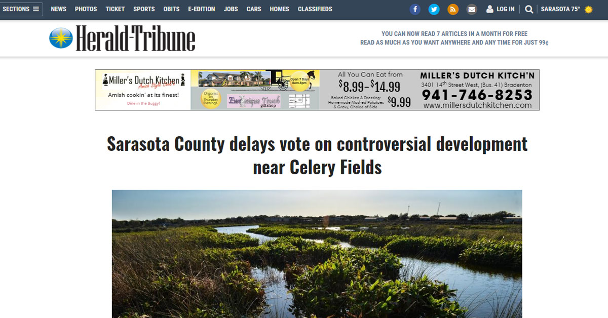 Herald Tribune: Sarasota County delays vote on controversial development near Celery Fields